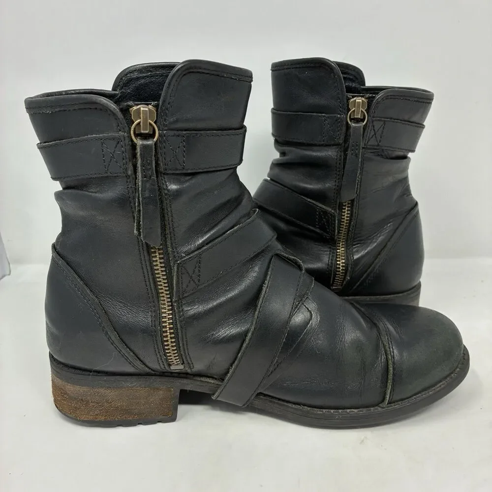 UGG Finney Black Suede 3 Buckle Strap Motorcycle Cap Toe & Zip Mid Calf Boots 8